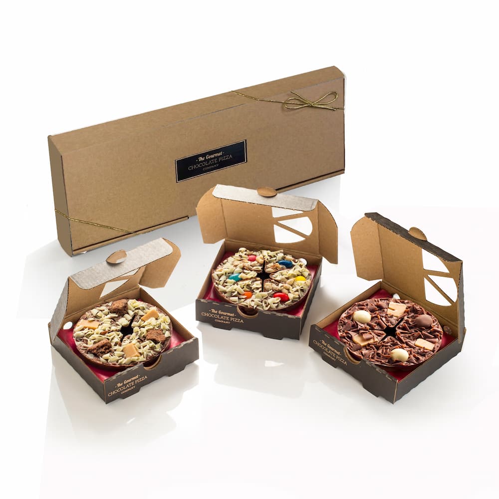 A trio of Mini Chocolate Pizzas presented in a Kraft Gift Box